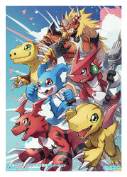  1boy :d agnimon agumon agumon_(digimon_savers) armor black_gloves blonde_hair blue_eyes border brown_eyes claws clenched_hands clenched_teeth commentary_request company_name copyright_name digimon digimon_(creature) digimon_adventure digimon_adventure_02 digimon_card_game digimon_frontier digimon_savers digimon_tamers digimon_xros_wars digital_hazard english_text from_side gloves green_eyes guilmon happy holding holding_microphone horned_mask horns logo long_hair male_focus mask microphone official_art open_mouth red_eyes sharp_teeth shoulder_spikes shoutmon smile spikes takase_(takase1214) teeth v-mon white_border 