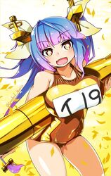  alternate_color blue_hair breasts commentary_request confetti cowboy_shot female flower-shaped_pupils gold_one-piece_swimsuit hair_ornament haniyama_kurofo highres holding holding_torpedo i-19_(kancolle) kantai_collection large_breasts long_hair looking_at_viewer name_tag one-piece_swimsuit red_eyes school_swimsuit shiny smile solo swimsuit symbol-shaped_pupils torpedo tri_tails 