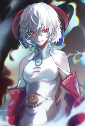  bare_shoulders blue_fire detached_sleeves dress female fire horn_ornament horn_ribbon horns meandros messy_hair patterned_clothing pointy_ears red_eyes red_horns red_sleeves ribbon sheep_horns short_hair smile solo sunken_fossil_world tokinhr touhou toutetsu_yuuma white_hair 