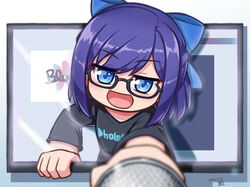  a-chan_(hololive) blue_eyes blurry bow commentary_request dated depth_of_field female glasses hairbow hololive kagelantern looking_at_viewer microphone open_mouth purple_hair semi-rimless_eyewear short_hair solo through_medium through_screen under-rim_eyewear virtual_youtuber 