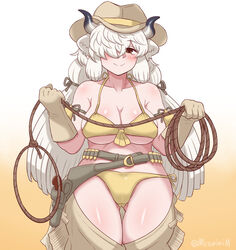  alternate_costume ammunition ammunition_belt animal_ears ass_visible_through_thighs bell bikini black_horns blush breasts brown_eyes chaps cleavage closed_mouth collarbone commentary_request cowbell cowboy_hat cowboy_shot cowboy_western eyelashes female front-tie_bikini_top front-tie_top gloves gradient_background grey_horns gun hair_over_one_eye hair_ribbon handgun hands_up hat holding holding_lasso holding_rope holster holstered horns kemono_friends kemono_friends_3 large_breasts lasso long_bangs long_hair looking_at_viewer metamimi multicolored_horns ox_ears ox_horns ribbon rope side-tie_bikini_bottom smile solo stomach swimsuit twitter_username underboob very_long_hair weapon white_hair yak_(kemono_friends) yellow_bikini 