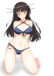  absurdres barefoot bikini black_hair blue_bikini breasts choukai_(kancolle) commentary_request female front-tie_top full_body glasses groin headgear highres kantai_collection kneeling large_breasts long_hair looking_at_viewer nitamako_(sakamalh) red_eyes rimless_eyewear side-tie_bikini_bottom simple_background solo striped_bikini striped_clothes swimsuit white_background 