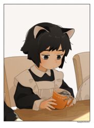  akai_sashimi animal animal_ears apron arm_rest black_eyes black_hair blunt_ends bob_cut border cat_ears closed_mouth commentary_request creature cup drink eyebrows_hidden_by_hair female frilled_apron frills half-closed_eyes highres holding holding_cup holding_drink in_container in_cup indoors light_frown long_sleeves looking_at_animal looking_down maid maid_apron mug octopus on_chair original out_of_frame puffy_long_sleeves puffy_sleeves shade short_hair signature sitting sleeve_cuffs solo_focus sunlight table thick_eyebrows undersized_animal unkempt upper_body white_apron white_border wing_collar wooden_table 