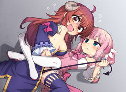  2girls ^^^ ahoge blue_eyes blue_thighhighs blunt_bangs blush boots bow breasts brown_hair chiyoda_momo choker crisis_management_form_(machimazo) curled_horns demon_girl demon_horns demon_tail detached_sleeves frilled_sleeves frills grey_background heebee holding_another&#039;s_tail horns leg_lock long_hair looking_at_another looking_at_viewer looking_back lying machikado_mazoku magical_girl multiple_girls on_back open_mouth parted_lips pink_bow pink_choker pink_hair sweat tail tail_pull thigh_boots thighhighs white_footwear yoshida_yuuko_(machikado_mazoku) yuri 