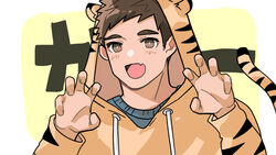  1boy 9_panda_9 :d animal_costume animal_print blush brown_hair chinese_zodiac claw_pose highres looking_to_the_side male_focus oerba_yun_fang original short_hair sideburns smile solo thick_eyebrows tiger_costume tiger_print upper_body year_of_the_tiger 