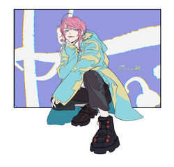  1boy amemura_ramuda blue_eyes candy commentary food full_body highres holding holding_food hood hood_down hoodie hypnosis_mic lollipop long_sleeves male_focus pink_hair reichio shoes short_hair sidelocks solo symbol-only_commentary 