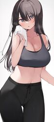  bad_id bad_twitter_id black_hair black_pants blush breasts breath cleavage commentary_request drawstring female grey_eyes grey_sports_bra hair_between_eyes highres holding holding_towel large_breasts long_hair looking_at_viewer midriff mole mole_on_breast navel original pants parted_lips shin_no_tenpii simple_background solo sports_bra straight_hair sweat thigh_gap towel white_background yoga_pants 