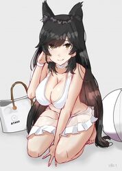  animal_ears atago_(azur_lane) atago_(summer_march)_(azur_lane) azur_lane bag barefoot bikini black_hair bracelet breasts brown_eyes choker cleavage collarbone commentary_request eyebrows_hidden_by_hair female hiro.t jewelry large_breasts long_hair mole mole_under_eye official_alternate_costume smile solo squatting swimsuit very_long_hair white_bikini white_choker 