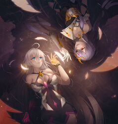  2girls :d ahoge asymmetrical_gloves black_gloves black_hair blue_eyes breasts chinese_clothes cleavage closed_mouth commentary crying crying_with_eyes_open dpin_(user_adhr8855) feathers fu_hua fu_hua_(herrscher_of_sentience) gloves glowing hair_between_eyes hair_ornament honkai_(series) honkai_impact_3rd kiana_kaslana kiana_kaslana_(herrscher_of_the_void) long_hair looking_at_another lying mismatched_gloves multiple_girls on_back open_mouth red_eyes smile tears water white_gloves white_hair 