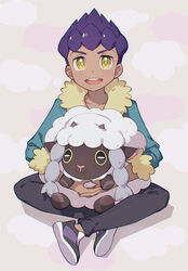  1boy :d absurdres black_pants blue_jacket blush commentary_request dark-skinned_male dark_skin fur-trimmed_jacket fur_trim happy highres holding holding_pokemon hop_(pokemon) jacket kurochiroko male_focus open_mouth pants pokemon pokemon_(creature) pokemon_swsh purple_hair shoes short_hair sitting sleeves_past_elbows smile teeth tongue upper_teeth_only wooloo yellow_eyes 