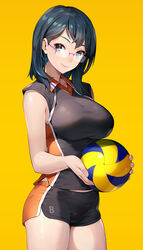  ball black_eyes black_hair breasts closed_mouth commentary coon cowboy_shot dolphin_shorts female glasses haikyuu!! holding holding_ball karasuno_volleyball_uniform looking_at_viewer medium_breasts mole mole_under_mouth rimless_eyewear shimizu_kiyoko shirt shorts smile solo sportswear standing volleyball volleyball_(object) volleyball_uniform yellow_background 