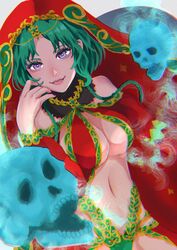  absurdres arabian_clothes bare_shoulders blue_fire braid breasts cleavage closed_mouth detached_sleeves fate/grand_order fate_(series) female fire flaming_skull floating_skull green_hair harem_outfit highres itsuki_isshiki jewelry large_breasts lips looking_at_viewer low_twin_braids mole mole_on_breast nail_polish navel puffy_sleeves purple_eyes purple_nails red_vest salome_(fate) smile solo stomach twin_braids upper_body veil vest white_background 