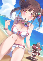  :q beach bikini blush bracelet breasts brown_hair chocolate chocolate_chip chocolate_syrup day double_bun dutch_angle eating female food food-themed_hair_ornament food-themed_necklace food_on_face frilled_bikini frills fruit groin hair_bun hair_ornament horizon ice_cream ice_cream_spoon idolmaster idolmaster_shiny_colors jewelry kitahara_tomoe_(kitahara_koubou) large_breasts macaron macaron_hair_ornament medium_hair nail_polish outdoors red_eyes sitting solo sonoda_chiyoko spoon strawberry sundae swimsuit tongue tongue_out twintails twitter_username water 