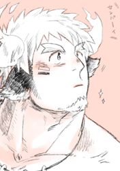  1boy animal_ears bad_id bad_pixiv_id bara blush commentary_request cow_boy cow_ears cow_horns eye_black facial_hair fiery_horns forked_eyebrows goatee horns long_sideburns male_focus monochrome muscular muscular_male pink_theme pole2walker2 portrait short_hair sideburns solo sparkle spiked_hair spot_color thick_eyebrows tokyo_afterschool_summoners translated wakan_tanka 