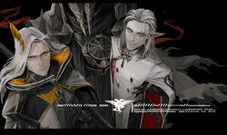  3boys absurdres animal_ears arknights armor arms_behind_back bird_ears black_background coat duke_kashchey_(arknights) grey_hair hair_wings hellagur_(arknights) highres letterboxed looking_at_viewer male_focus mask multiple_boys oaza patriot_(arknights) pointy_ears scar scar_across_eye scar_on_face smile snake_tail standing sword tail uniform upper_body ursus_empire_logo weapon white_hair 