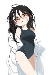  alternate_costume black_hair blush breasts closed_mouth coat coat_partially_removed collarbone cowboy_shot crossed_legs female glasses half-closed_eyes head_tilt highres kokaki_mumose lab_coat light_frown long_hair looking_at_viewer medium_breasts messy_hair nervous null-meta open_clothes open_coat red-framed_eyewear school_swimsuit solo souen_chiaki sweatdrop swimsuit 