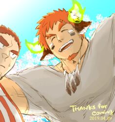  2boys :d ^_^ animal_ears arm_around_shoulder bad_id bad_pixiv_id bara casual closed_eyes commentary_request cow_boy cow_ears cow_horns dated eye_black facial_hair feather_necklace fiery_horns forked_eyebrows from_below frown goatee grey_shirt highres horns jewelry large_pectorals long_sideburns looking_at_another male_focus multiple_boys muscular muscular_male necklace pectorals pole2walker2 pout rugby_uniform shirt short_hair sideburns smile spiked_hair sportswear stubble sweatdrop tamamura_gunzo thick_eyebrows tokyo_afterschool_summoners wakan_tanka 