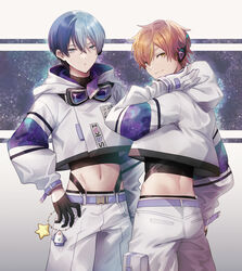  2boys aoyagi_touya blue_hair earrings goggles goggles_around_neck headphones hood hooded_jacket hoodie jacket jewelry looking_at_viewer male_focus midriff multicolored_hair multiple_boys navel offtoon12 open_clothes open_mouth orange_hair pants planet_sekai_(project_sekai) project_sekai shinonome_akito shirt short_hair smile spacesuit split-color_hair two-tone_hair yellow_eyes 