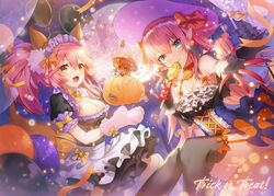  2girls animal_ears apple_caramel blue_eyes breasts candy cleavage commentary elizabeth_bathory_(fate) elizabeth_bathory_(fate/extra_ccc) english_commentary english_text fate/grand_order fate_(series) food fox_ears frills fujimaru_ritsuka_(female) halloween halloween_costume highres holding holding_candy holding_food holding_lollipop large_breasts learning_with_manga!_fgo lollipop looking_at_viewer maid_headdress multiple_girls open_mouth pink_hair pointy_ears riyo_(lyomsnpmp)_(style) smile swirl_lollipop tamamo_(fate) tamamo_cat_(fate) trick_or_treat yellow_eyes 