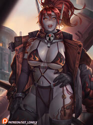  alien armor bikini bikini_armor bikini_under_clothes black_gloves black_thighhighs blue_skin blush body_freckles breasts cleavage colored_skin commentary contrapposto detached_sleeves english_commentary female flame_print flame_tattoo freckles gloves grey_lips hand_on_own_hip headgear high_ponytail highres huge_breasts jacket jacket_on_shoulders katana leg_tattoo licking_lips linea_alba long_hair looking_at_viewer naughty_face navel no_nose oerba_yun_fang orange_eyes outdoors paid_reward_available pelvic_curtain print_bikini red_hair sgt_lonely sheath sheathed shoulder_tattoo skindentation solid_eyes solo standing stomach swimsuit sword t&#039;au tattoo teeth thighhighs thighs tongue tongue_out torchstar underboob upper_teeth_only warhammer_40k weapon weapon_behind_back 