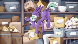  16:9 appointed_rounds_(mlp) ass box clothing container cutie_mark delivery_(commerce) delivery_employee dock_(anatomy) equid equine female feral hasbro hat headgear headwear hi_res holding_object hooves mail mammal my_little_pony mysticalpha mythological_creature mythological_equine mythology pegasus postal_carrier postal_delivery purple_body purple_eyes raised_tail solo tail underhoof uniform widescreen wings working 