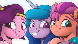  16:9 blue_hair earth_pony equid equine eyebrows eyelashes female feral group hair hasbro hi_res horn horse izzy_moonbow_(mlp) mammal mlp_g5 my_little_pony mysticalpha mythological_creature mythological_equine mythology orange_body pegasus pink_body pipp_petals_(mlp) pony purple_body purple_hair signature simple_background smile sunny_starscout_(mlp) trio unicorn white_background widescreen wings 