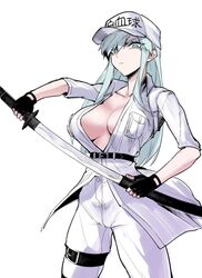  aqua_eyes aqua_hair black_gloves breast_pocket breasts closed_mouth commentary english_commentary female fingerless_gloves gloves hat hataraku_saibou hataraku_saibou_black holding holding_sheath holding_sword holding_weapon j.k. katana large_breasts long_hair open_clothes open_shirt pants pocket sheath shirt simple_background solo sword u-1196 uniform unsheathing weapon white_background white_blood_cell_(hataraku_saibou) white_hat white_pants white_shirt white_uniform 