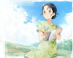  black_hair blue_sky border brown_eyes closed_mouth clothes_lift cloud cloudy_sky collarbone colored_pencil commentary_request day dress eyelashes facing_viewer female floral_print flower green_dress green_flower hair_bun hands_up happy holding holding_notebook holding_pencil kono_sekai_no_katasumi_ni light_blush light_smile looking_afar mole mole_under_mouth notebook outdoors pencil riru short_sleeves single_hair_bun skirt skirt_lift sky solo standing upper_body urano_suzu white_border 