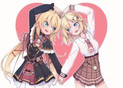  2girls :d akai_haato akai_haato_(gothic_lolita) blonde_hair blue_eyes blush grey_background hair_ornament hair_ribbon heart heart_arms_duo heart_background holding_hands hololive hololive_english kiirokuma long_hair long_sleeves looking_at_another multiple_girls necktie open_mouth pocket_watch red_necktie ribbon short_hair smile twitter_username virtual_youtuber watch watson_amelia watson_amelia_(1st_costume) 