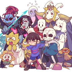  =_= alphys angry asgore_dreemurr boots brown_footwear crying everyone eyepatch flowey_(undertale) frisk_(undertale) holding holding_stick long_sleeves looking_at_another mettaton mettaton_ex monster_boy monster_girl monster_kid_(undertale) muffet napstablook open_mouth papyrus_(undertale) pointing purple_shirt purple_shorts robot sans_(undertale) shirt short_hair shorts simple_background standing stick striped_clothes striped_shirt sweat sweatdrop tenya_mizuki toriel undertale undyne white_background 