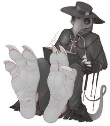  3_toes ambiguous_gender animal_mask anthro avian beak_mask black_clothing book claws clothing cross feet foot_fetish foot_focus hat headgear headwear hi_res hindpaw kredri mask paws plague_doctor robe soles solo toe_claws toes wrinkled_feet wrinkles 