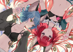  2girls animal_ears black_bra black_eyes blue_hair blunt_bangs bra breasts cat_ears cat_girl cleavage collarbone commentary_request crop_top detached_sleeves frills from_above gin_(oyoyo) green_eyes halterneck highres knife lips long_hair looking_at_viewer lying medium_breasts midriff multiple_girls navel neffy_(valis) nina_(valis) puffy_short_sleeves puffy_sleeves red_hair short_hair short_sleeves sideboob small_breasts stomach underwear upper_body valis_(sinsekai) very_long_hair 