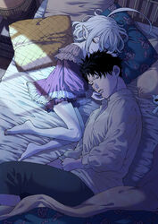  2boys absurdres ahoge androgynous bed bed_sheet black_eyes black_hair blanket bob_cut closed_eyes crossdressing double-parted_bangs dress frilled_dress frills grey_pants hair_between_eyes highres holding_another&#039;s_head lamp male_focus medium_hair multiple_boys muscular muscular_male no_eyebrows ohayousan_084 on_bed original otoko_no_ko pale_skin pants parted_bangs pillow pointy_ears purple_dress purple_eyes raoul_(ohayousan_084) rose_(ohayousan_084) shirt short_hair sleeping spiked_hair stuffed_animal stuffed_cat stuffed_toy vampire white_hair white_shirt yaoi 