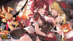  2girls :d bad_link bare_shoulders belt benghuai_xueyuan black_dress black_shorts blurry blurry_background breasts brown_hair candle cleavage closed_mouth copyright_name doll dress earrings fangs flower ghost hair_over_one_eye halloween hat highres homu_(honkai_impact) honkai_(series) indoors jacket jewelry kuuus large_breasts looking_at_viewer mole mole_under_eye monocle multiple_girls murata_himeko murata_himeko_(battle_storm) nail_polish official_art open_mouth pointy_ears purple_eyes red_flower red_hair red_jacket red_nails red_rose rita_rossweisse rose short_hair shorts sleeveless sleeveless_dress sleeves_past_elbows smile strapless strapless_dress vampire window witch_hat yellow_eyes 