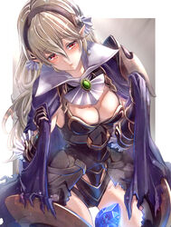  absurdres armor black_gloves black_leotard blue_cape blush border breasts cape clear_glass_(mildmild1311) cleavage corrin_(female)_(fire_emblem) corrin_(female)_(nohr_noble)_(fire_emblem) corrin_(fire_emblem) cowboy_shot detached_collar dragonstone female fire_emblem fire_emblem_fates fire_emblem_heroes gloves glowing grey_hair groin hairband highres holding holding_cape holding_clothes leotard light_rays long_hair medium_breasts official_alternate_costume open_mouth pointy_ears red_eyes simple_background sleeveless solo thighs torn_cape torn_clothes white_border 