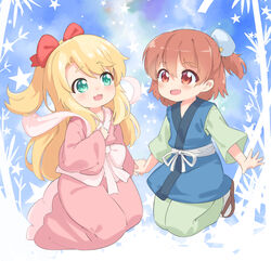  2girls :3 :d alternate_costume blonde_hair blue_kimono blush bow brown_hair commentary cosplay eye_contact garun_wattanawessako green_eyes hagoromo hair_between_eyes hairbow hand_up happy hikoboshi hikoboshi_(cosplay) himesaka_noa holding_hands hoshino_hinata japanese_clothes kimono kneeling long_hair long_sleeves looking_at_another medium_hair multiple_girls obi oerba_yun_fang open_mouth orihime_(tanabata) orihime_(tanabata)_(cosplay) pink_bow pink_kimono ponytail red_bow red_eyes ribbon sandals sash shawl short_ponytail skin_fang smile socks star_(symbol) tabi tanabata tanzaku thick_eyebrows watashi_ni_tenshi_ga_maiorita! white_ribbon white_sash white_socks wide_sleeves yuri zouri 