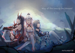  3girls :d armor bangs barefoot black_gloves boots breasts bronya_zaychik bronya_zaychik_(herrscher_of_reason) cleavage closed_mouth earrings elbow_gloves electricity english_text gauntlets gloves grey_eyes grey_hair hair_between_eyes hair_ornament honkai_(series) honkai_impact_3rd horns japanese_armor jewelry kiana_kaslana kiana_kaslana_(herrscher_of_flamescion) leaning_on_person long_hair looking_at_viewer multiple_girls on_floor outdoors purple_eyes purple_hair qian_shi raiden_mei raiden_mei_(herrscher_of_thunder) single_gauntlet sitting smile sunrise thigh_boots thighhighs white_footwear white_hair white_legwear 