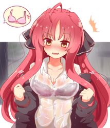  ^^^ ahoge black_jacket black_ribbon blush bra braid breasts cleavage clenched_hands collarbone collared_shirt commentary_request dracu-riot! embarrassed eyes_visible_through_hair female frilled_bra frills full-face_blush hair_intakes hair_ribbon hair_spread_out hakutocake hands_up highres jacket large_breasts long_hair long_sleeves looking_down motion_lines nervous_smile off_shoulder open_clothes open_jacket open_mouth parted_bangs pink_bra rain ribbon see-through see-through_shirt shirt sidelocks simple_background single_braid smile solo speech_bubble underwear undressing upper_body very_long_hair wavy_hair wet wet_clothes wet_shirt white_background white_shirt yarai_miu yellow_eyes 