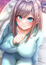  :3 bed blue_eyes breasts brown_hair character_doll clenched_hand closed_mouth debidebi_debiru female from_above hair_intakes highres large_breasts looking_at_viewer medium_hair nail_polish nijisanji on_bed pajamas ryoku_illus signature sitting solo suzuhara_lulu swept_bangs virtual_youtuber 