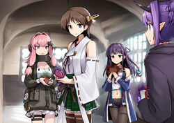  4girls :o arknights azur_lane bad_food black_legwear black_shorts box breasts brown_hair crossover detached_sleeves ebizome gift gift_box girls&#039;_frontline green_skirt hair_bun hair_intakes hair_ornament hair_ribbon headgear headphones hibiscus_(arknights) hiei_(kancolle) highres holding holding_gift horns indoors jacket japanese_clothes k31_(girls&#039;_frontline) kantai_collection long_hair long_sleeves midriff mullany_(azur_lane) multiple_crossover multiple_girls navel nontraditional_miko off_shoulder open_mouth pantyhose pink_hair plaid plaid_skirt pointy_ears purple_eyes purple_hair ribbon ribbon-trimmed_sleeves ribbon_trim short_hair shorts sidelocks single_hair_bun skirt sweat thigh_strap thighhighs trait_connection tress_ribbon valentine wide_sleeves yellow_eyes 