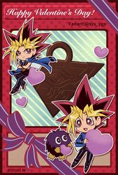  2boys artist_name blonde_hair blue_jacket card_(medium) closed_mouth commentary dated duel_monster dyed_bangs happy_valentine heart highres holding jacket kuriboh male_focus millennium_puzzle multicolored_hair multiple_boys muto_yugi outline pants purple_ribbon ribbon shirt shoes smile soya_(sys_ygo) spiked_hair valentine yami_yugi yu-gi-oh! 