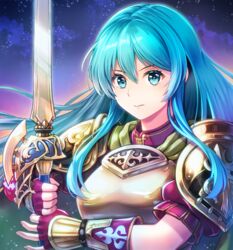  aqua_eyes aqua_hair armor breastplate closed_mouth eirika_(fire_emblem) female fingerless_gloves fire_emblem fire_emblem:_the_sacred_stones fire_emblem_heroes gloves hair_between_eyes half_gloves holding holding_sword holding_weapon long_hair looking_at_viewer md5_mismatch puffy_short_sleeves puffy_sleeves red_shirt resolution_mismatch shirt short_sleeves shoulder_armor shoulder_pads sidelocks solo source_larger sword umipro weapon 