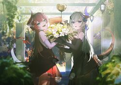  2girls :d balloon black_dress black_gloves blue_eyes blue_hair bouquet dress elbow_gloves flower gloves highres holding holding_bouquet honkai_(series) honkai_impact_3rd horns liliya_olenyeva long_hair looking_at_viewer multiple_girls oekaki_taro open_mouth pink_hair rozaliya_olenyeva siblings single_horn sleeveless sleeveless_dress smile tail twins white_flower white_gloves 