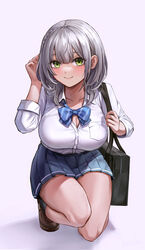  absurdres adjusting_hair bag black_socks blue_bow blue_bowtie blue_skirt blush bow bowtie braid breast_pocket breasts brown_footwear cleavage closed_mouth collarbone collared_shirt dress_shirt female full_body green_eyes grey_hair hand_up highres hololive large_breasts loafers long_sleeves looking_at_viewer medium_hair miniskirt on_one_knee pleated_skirt pocket school_bag school_uniform shirogane_noel shirogane_noel_(school_uniform) shirt shoes side_braid simple_background single_braid skirt smile socks solo virtual_youtuber wavy_hair white_shirt wszkii 