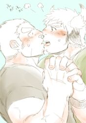  2boys animal_ears bad_id bad_pixiv_id bara black_shirt blush casual commentary_request couple cow_boy cow_ears cow_horns ear_blush ear_down eye_black facial_hair fiery_horns forked_eyebrows from_side goatee green_shirt highres holding_hands horns imminent_kiss licking licking_another&#039;s_face licking_another&#039;s_lips long_sideburns male_focus multiple_boys muscular muscular_male nose_blush noses_touching pole2walker2 scar scar_on_arm scar_on_cheek scar_on_face shirt short_hair sideburns spiked_hair stubble sweatdrop tamamura_gunzo thick_eyebrows tokyo_afterschool_summoners tongue tongue_out translated unfinished upper_body wakan_tanka yaoi 