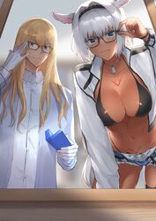  1boy animal_ears bespectacled bikini bishounen black_bikini blonde_hair blue_eyes body_markings breasts caenis_(fate) cleavage collared_shirt commentary cutoffs dark-skinned_female dark_skin dog_tags fate/grand_order fate_(series) female glasses gloves grey_eyes hair_intakes highleg jacket kirschtaria_wodime large_breasts long_hair mirror navel protected_link sabamori shirt smile swimsuit tattoo white_gloves white_hair white_jacket white_shirt 