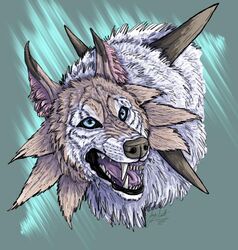  2017 ambiguous_gender blue_eyes canid canine cheek_tuft facial_tuft fur headshot_portrait hi_res inner_ear_fluff lycanroc mammal midday_lycanroc nintendo open_mouth pink_inner_ear pok&eacute;mon_(species) pokemon portrait sharp_teeth signature solo spikes teeth tongue tuft video_games vorpalbeasta whiskers white_body white_fur 