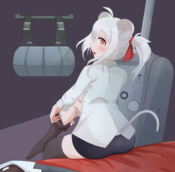  absurdres animal_ears bad_id bad_pixiv_id blush breasts daebom dressing female highres long_hair maus_(daebom) maus_(tank) medium_breasts military military_vehicle motor_vehicle mouse_ears mouse_tail original personification ponytail red_eyes sideboob solo tail tank war_thunder white_hair 