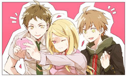  2boys ahoge akamatsu_kaede black_jacket blonde_hair brown_hair collared_shirt danganronpa:_trigger_happy_havoc danganronpa_(series) danganronpa_2:_goodbye_despair danganronpa_v3:_killing_harmony female green_hoodie green_necktie hair_ornament highres hinata_hajime hood hoodie jacket konohana_inori long_sleeves multiple_boys musical_note musical_note_hair_ornament naegi_makoto necktie pink_background pink_sweater_vest pink_vest shirt short_hair short_sleeves sweater_vest vest white_shirt yellow_eyes 