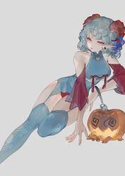  adapted_costume bare_shoulders blue_dress blue_ribbon blue_thighhighs breasts china_dress chinese_clothes closed_mouth dress earrings eye_print female grey_background grey_hair hand_on_own_hip highres horns jewelry looking_at_viewer meandros medium_breasts panties pantyshot pink_eyes pointy_ears pumpkin red_panties reeh_(yukuri130) ribbon short_hair short_sleeves simple_background sitting solo spork sunken_fossil_world thighhighs tongue tongue_out touhou toutetsu_yuuma underwear wavy_hair 